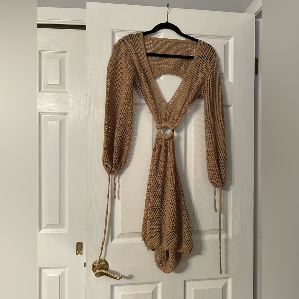 Tan Crochet Long Sleeve Knit Swim Beach Crochet Dress Cover Up - Picture 2 of 10
